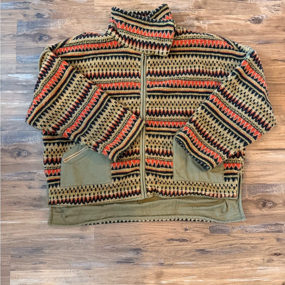Free People Zip-Up Jacket in Olive, Black & Rust